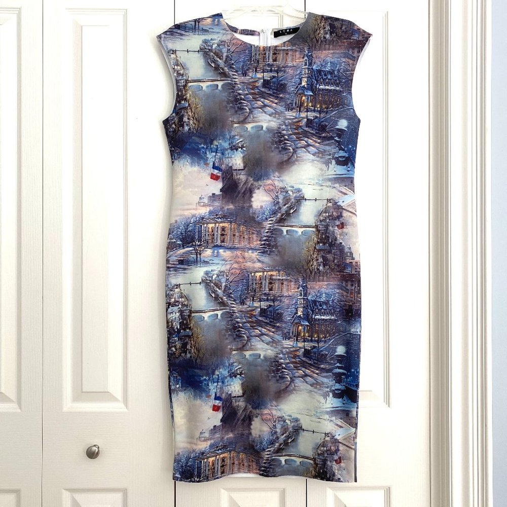 Luna Sheath Dress French Scenery Size Large Stretch Wrinkle-Free Fabric